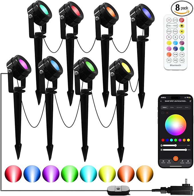 Smart RGBW Spot Lights Outdoor, 8 Pack Low Voltage Landscape Lighting with APP & Remote control, Waterproof and Timing, Color Changing Outdoor Spot Lights for Yard Christmas Halloween Spotlights