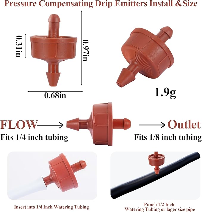 30Pcs 2GPH Pressure Compensating Irrigation Spot Drippers,Constant Flow Barb Outlet Watering Dripper Emitters Heads Parts for 1/4 Inch Watering Tubing Line for Garden Pots Plant Irrigation Systems