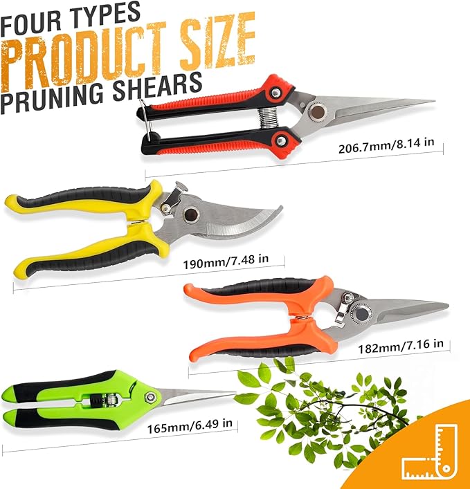 4 Pack Garden Pruning Shears Stainless Steel Clipper Kits, Handheld Garden Trimming Scissors with Sharp Blade Snips Scissors- Gardening Tools for Flowers Plant Branches (Curved & Straight Blade)