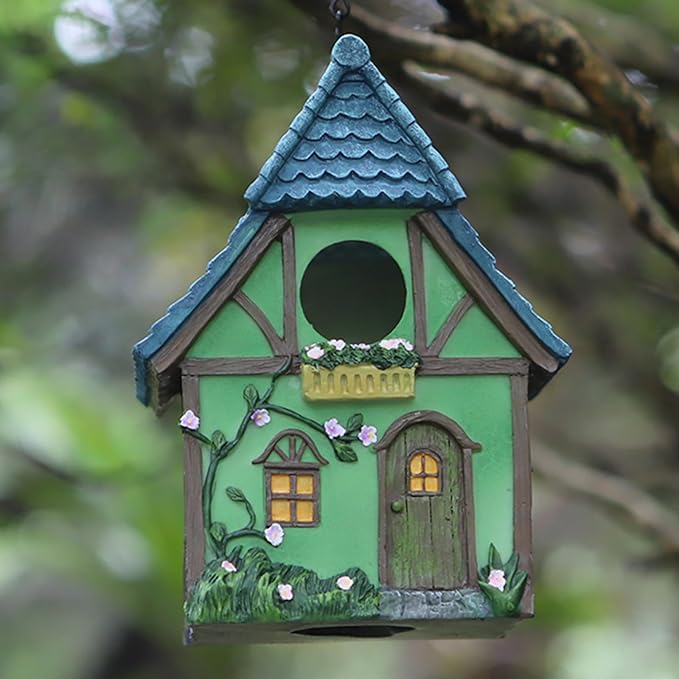 Cottage Garden Birdhouse – Green Resin Outdoor Decorative Bird House with Flower and Stone Details, Weatherproof for Backyard or Porch