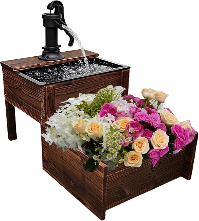 Outdoor Water Fountain,Floor Wooden Rectangular Double-Layer Old-Fashioned Pump Fountain with Flower Box,Plug-in Electric Decorative Hand Pump,Outdoor Water Feature for Garden Patio Backyard