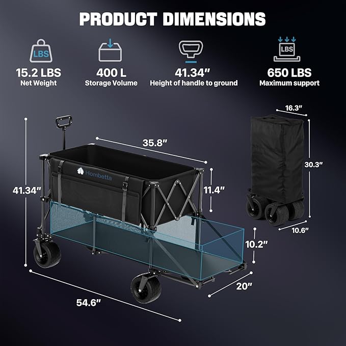 Folding Double Decker Wagon, 560LBS Heavy Duty Utility Cart with Brakes, 400L Wagon Cart with Wheels Foldable, All-Terrain Big Wheels for Camping, Beach, Picnic, Outdoor Use, Black