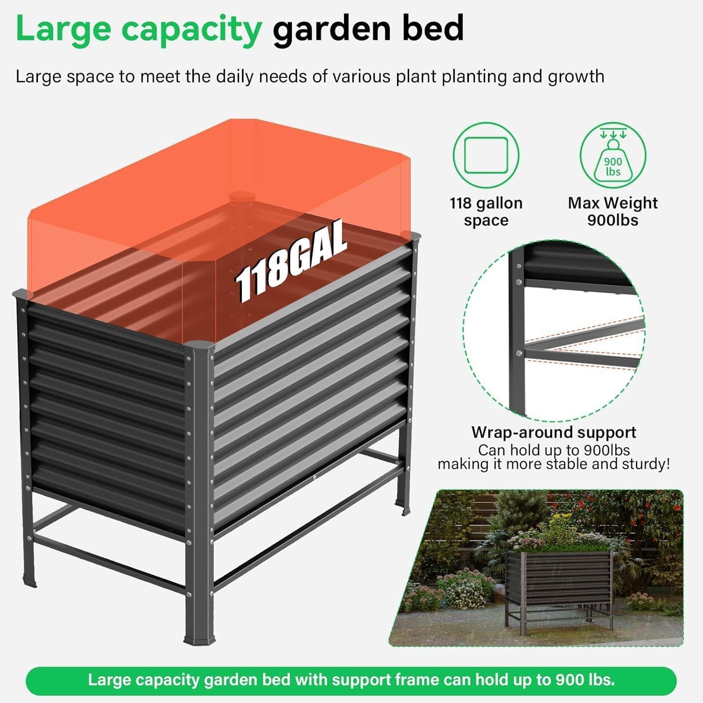 Galvanized Raised Garden Bed with Legs,48×24×37in Large Metal Elevated Raised Planter Box ,Raised Garden Bed,900lb Capacity with Drainage Holes for Vegetables Lawn Green Flowers, Fruits, Terrace