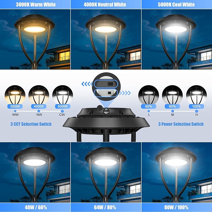60W LED Post Top Light with Photocell, 80W 60W 48W Adjustable, 8400LM Adjustable CCT 3000/4000/5000K Outdoor Pole Lights, IP65 Waterproof Commercial LED Post Light Fixture Area Light ETL DLC Listed