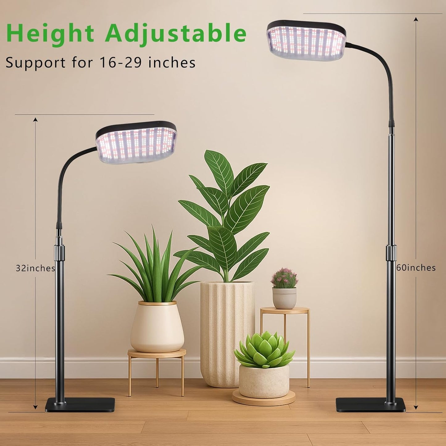 Square Grow Light for Indoor Plants, 336 LEDs 6000K Full Spectrum 12V 3A High Power Floor Plant Light with Stand for Indoor Large Tall Plants Faster Growing, 4/8/12H Timer & Height Adjustable 16-29"