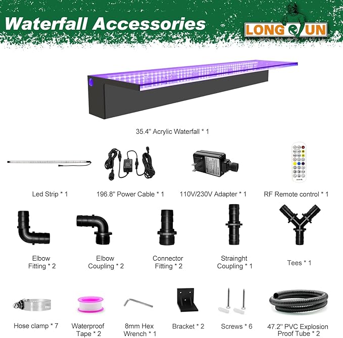 LONGRUN Waterfall Spillway, APP Control Multi-Color LED Light Outdoor Pool Fountain, Acrylic Water Spillway Koi Pond Waterfalls Fountains Kit for Garden Patio Swimming Pool Decoration-35.4"