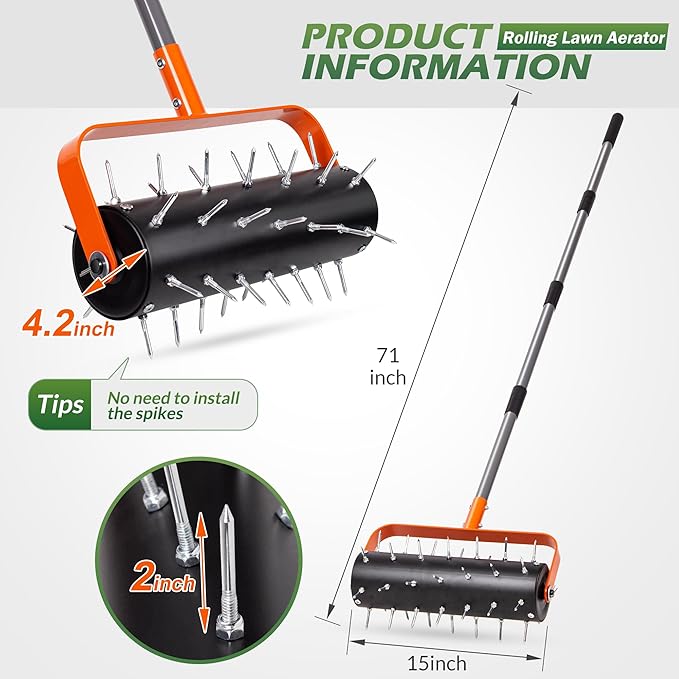 Walensee Rolling Lawn Aerator, Heavy Duty Manual Aerator Tool with 42 Spikes, Lawn Spike Aerator Roller with 71" Adjustable Handle, Soil Penetrator Push Lawn Aeration for Garden Yard Patio
