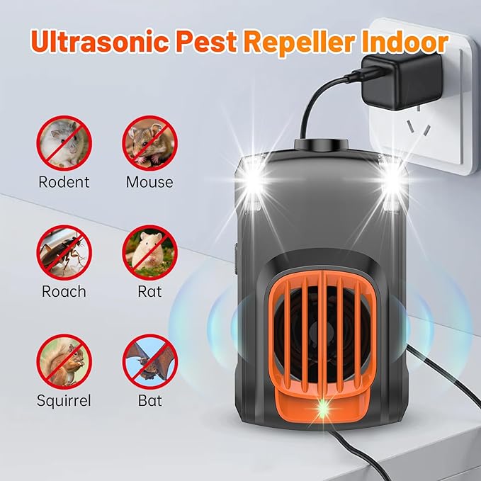 Ultrasonic Mice Repellent Indoor, 2 Pack Rodent Mouse Repellent Plug in, Electronic Rat Pest Bat Deterrent with 4 Strobe Lights, Rodent Repellent for Car Engines, House, Garage, Barn, Kitchen, Attic
