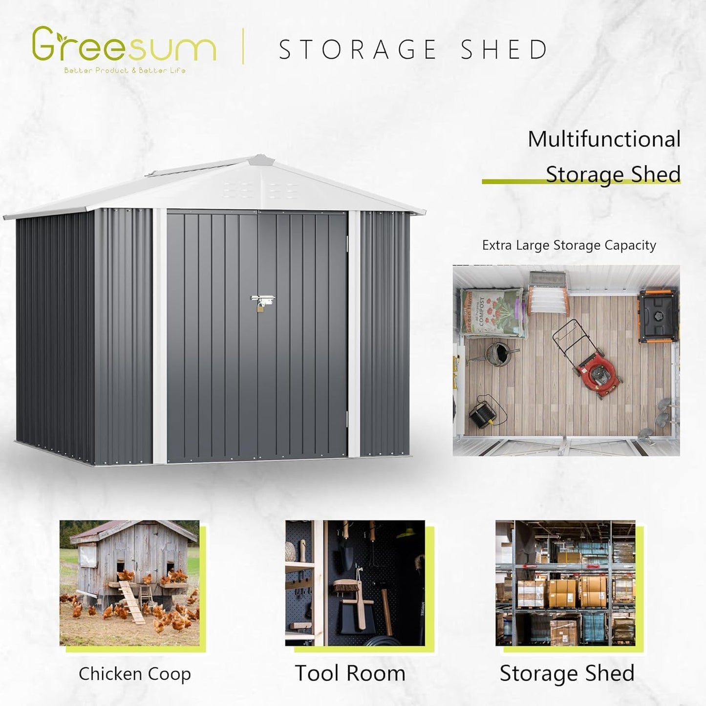 Greesum 8x6FT Outdoor Storage Shed, Utility Tool Shed Metal Storage Garden Shed with Door & Lock for Patio Storage, Gray