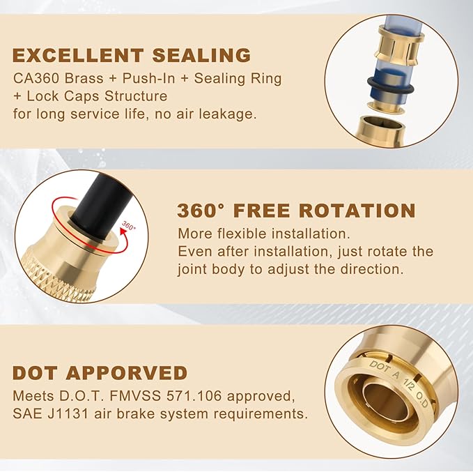 1/2" Quick Push to Connect Fittings Brass Union Straight Joint DOT Approved 1/2 inch tube OD Air Line Adapter Air Spring Suspension Kit for Car Truck Trailers and Air Brake System 10pcs