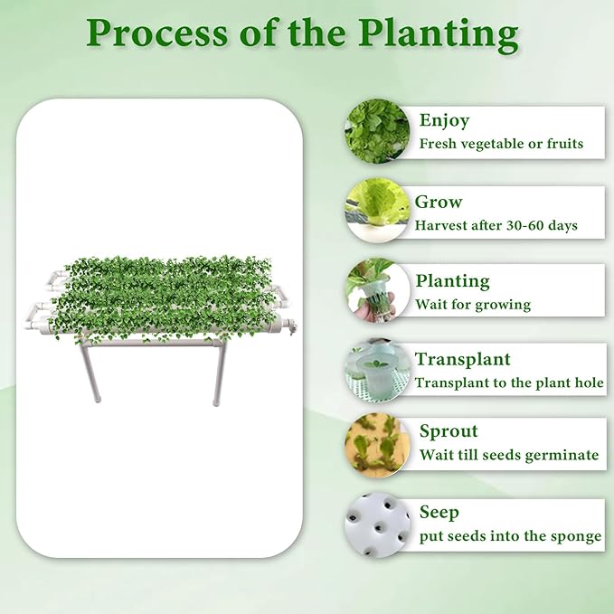 Hydroponic Grow Kit, 1 Layer 36 Plant Sites 4 Food-Grade PVC-U Pipes Hydroponics Planting System with Water Pump, Pump Timer, Nest Basket and Sponge for Leafy Vegetables