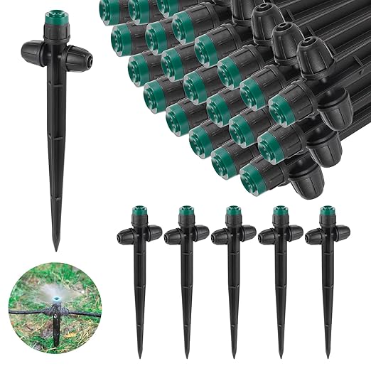 Anti-Drop Drip Irrigation Emitters Sprayer for 1/4" Irrigation Tubing,Double Hole Design Adjustable 360 Degree Sprayer on 6.5" Stake for Garden Irrigation Watering System (25pc-Green Sprayer)