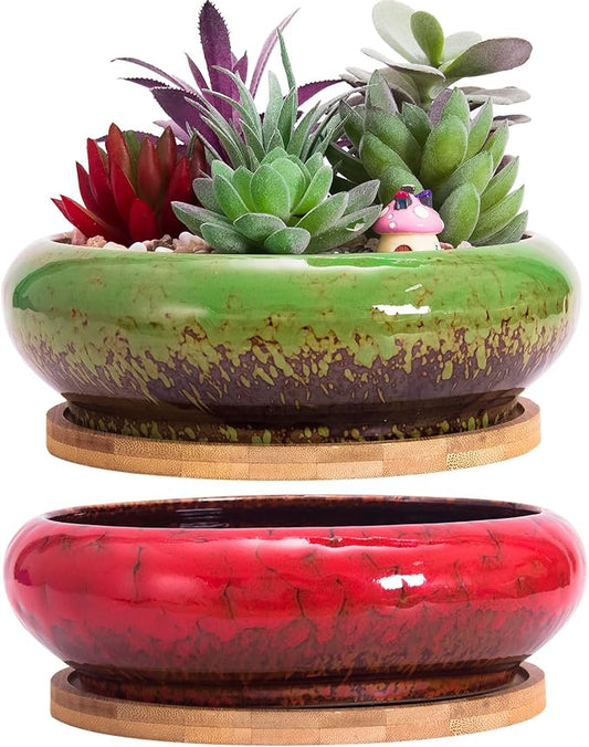 ARTKETTY Succulent Pots - 2 PCS Large Bonsai Pots with Drainage Tray, 7.3 Inch Shallow Planters for Indoor Plants Ceramic Cactus Plant Container Bowl for Home Office Desk