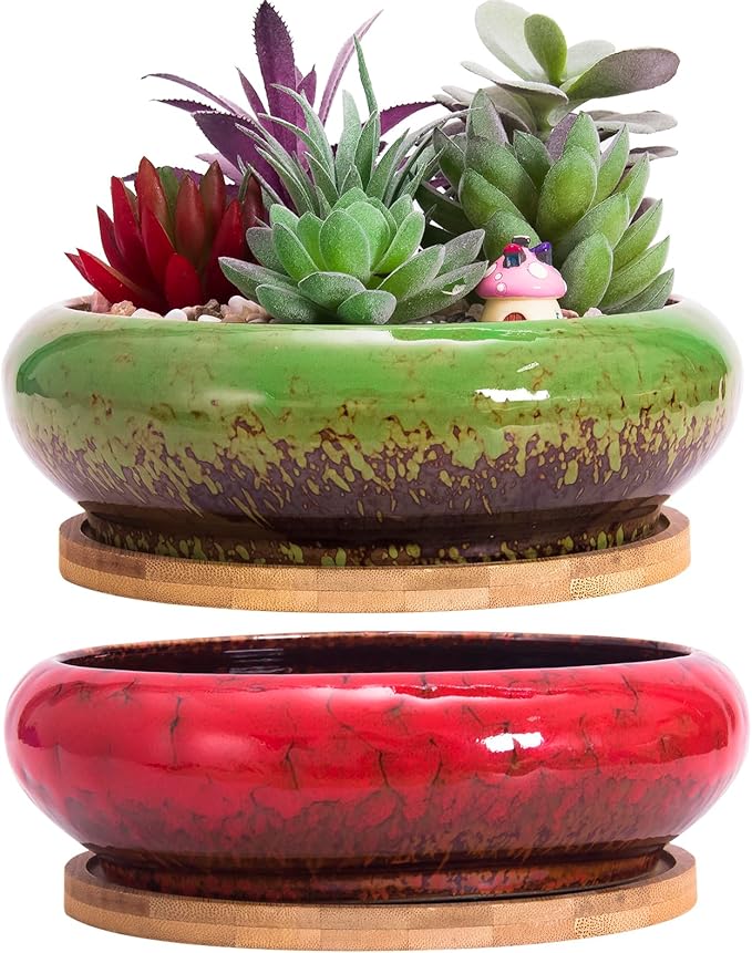 ARTKETTY Succulent Pots - 2 PCS Large Bonsai Pots with Drainage Tray, 7.3 Inch Shallow Planters for Indoor Plants Ceramic Cactus Plant Container Bowl for Home Office Desk