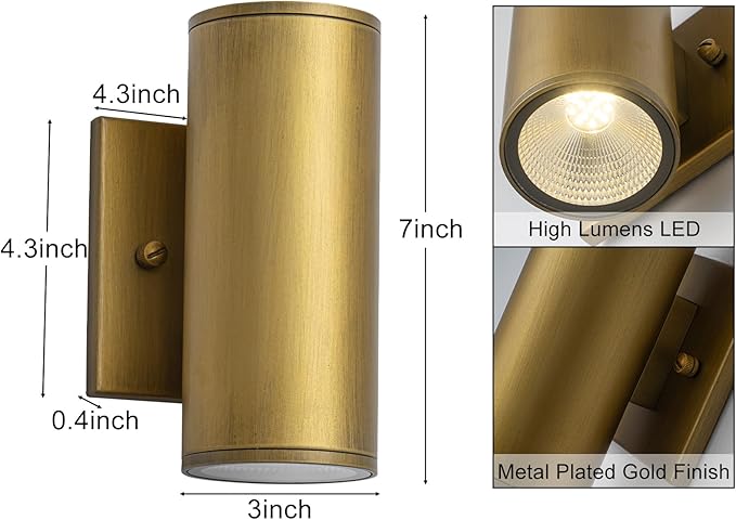 Modern LED Outdoor Wall Lights 7" Cylinder Up and Down Exterior Lighting Fixtures Handmade Gold Outdoor Wall Sconce Wall Mount on Any Direction