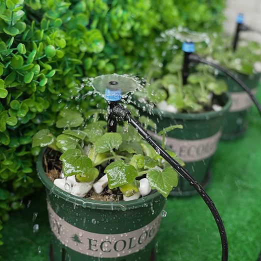 RedChili 50 Pieces Drip Emitters for 1/4" Drip Irrigation Tubing, Adjustable 360 Degree Vortex Drip Emitters with Stake 360° Full Circle Fan Shape Pattern Garden Irrigation Micro Drippers