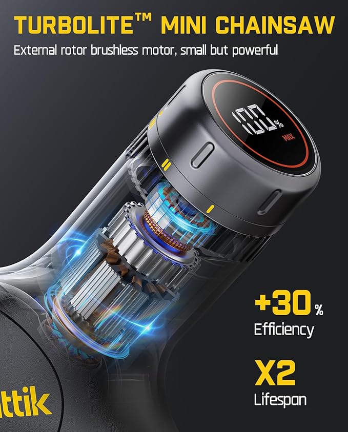 Fanttik TurboLite W10 APEX External Rotor Brushless Motor Mini Chainsaw Cordless with 3 Speed Adjustment, Type-C Fast Charging, LED Light for Tree Wood, Tools for Household and Garden