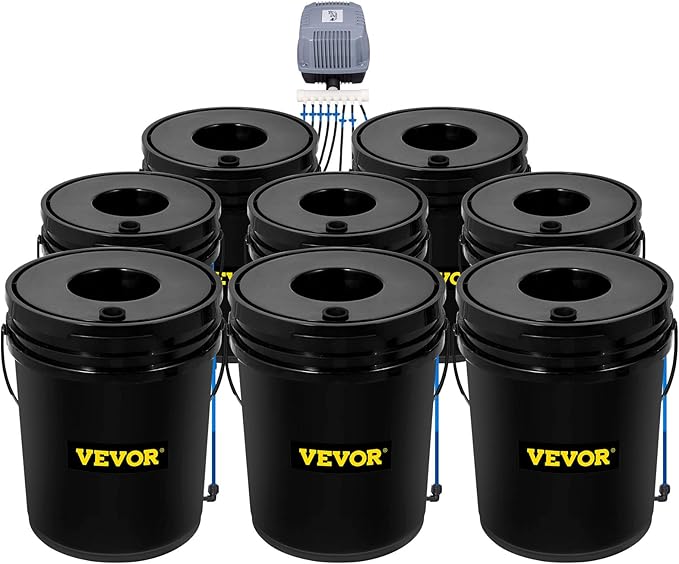 VEVOR DWC Hydroponic System, 5 Gallon 8 Buckets, Deep Water Culture Growing Bucket, Hydroponics Grow Kit with Pump, Air Stone and Water Level Device, for Indoor/Outdoor Leafy Vegetables