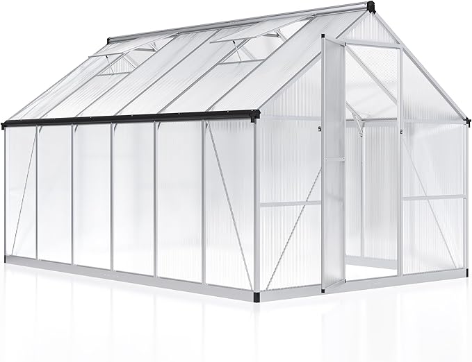 Greenhouse - 8x12 FT Quick Setup Polycarbonate with Roof Vent, Aluminum Large Walk-in for Outside Garden Backyard, Sliver