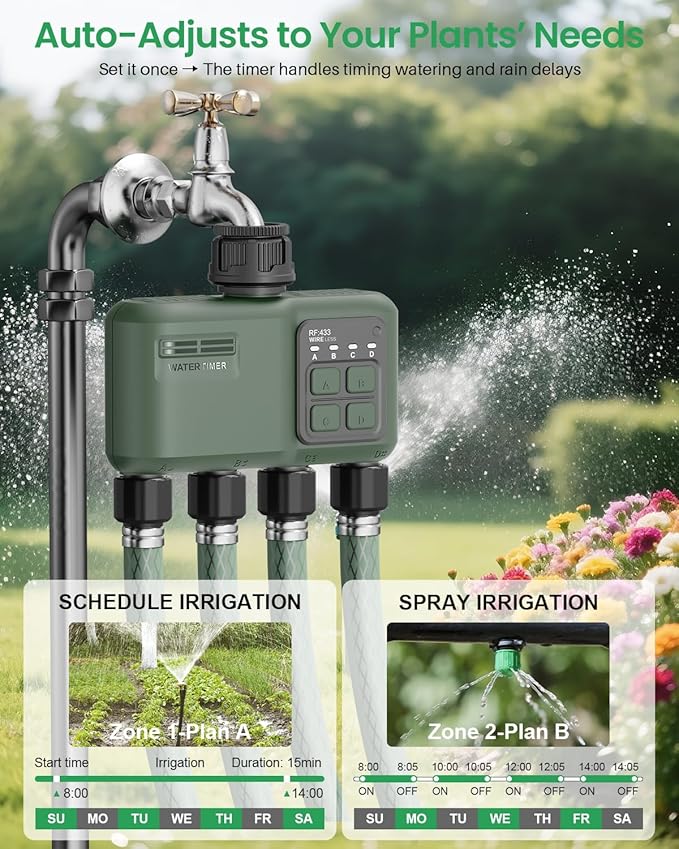 WiFi Water Timer 4 Zone for Garden Hose, Smart Sprinkler Timer with 984ft RF Range, Smart Lawn Watering System Irrigation Controller, APP/Voice Control, Rain Delay, Automatic/Manual Irrigation