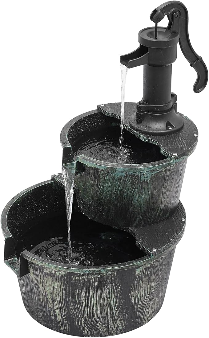 Magshion Barrel and Pump Water Fountain, Freestanding Cascading Waterfall Fountain with Electric Recirculating Pump, 2-Tier Water Feature Decor for Garden, Patio, Backyard, or Porch, Dark Green