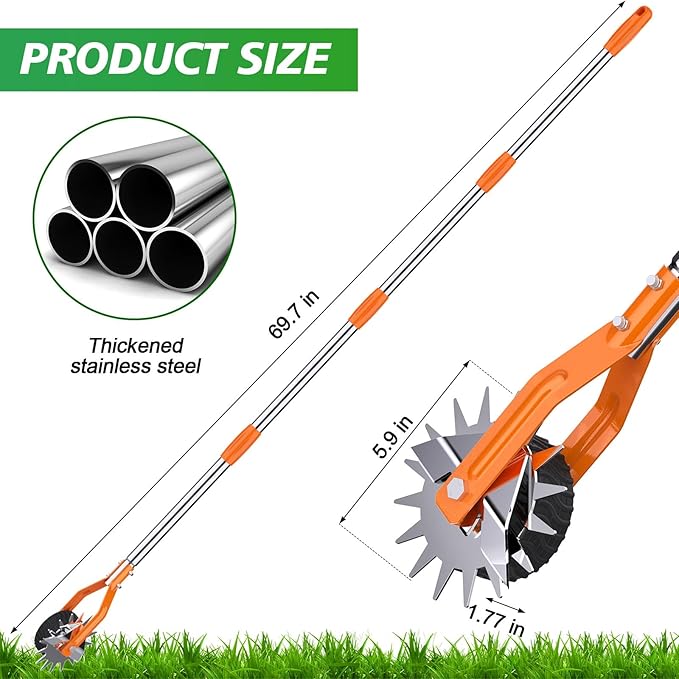 Wheel Rotary Edger Lawn Tool, Sidewalk 66.7Inch Manual Lawn Edger, Grass Edge Trimmer, Adjustable Stainless Steel Handle with Cushion Grip,Soil,Garden and Yard Tool,Orange