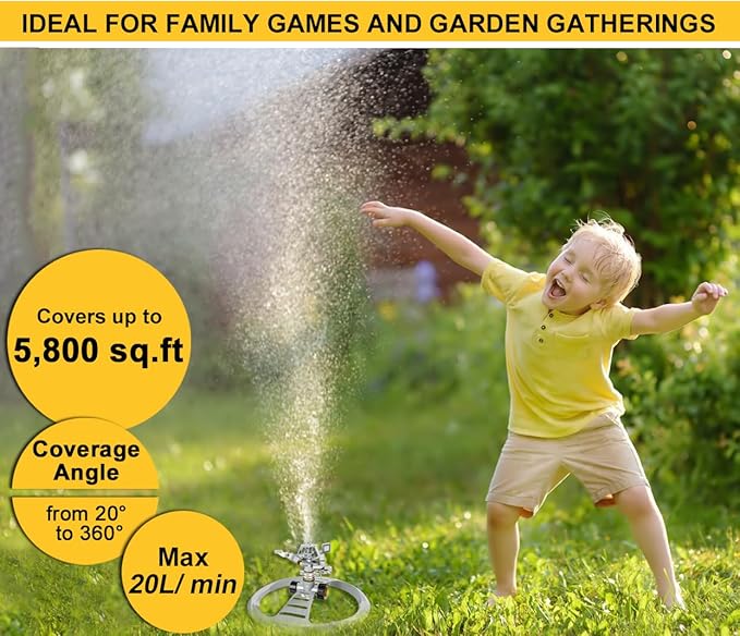 ESOW Metal Pulsating Sprinkler with Heavy Duty Metal Base, Garden Lawn Sprinkler 360 Degree Rotating with Adjustable Spray Pattern for Garden Lawn, Outdoor, Water Coverage up to 5,800 Sq.