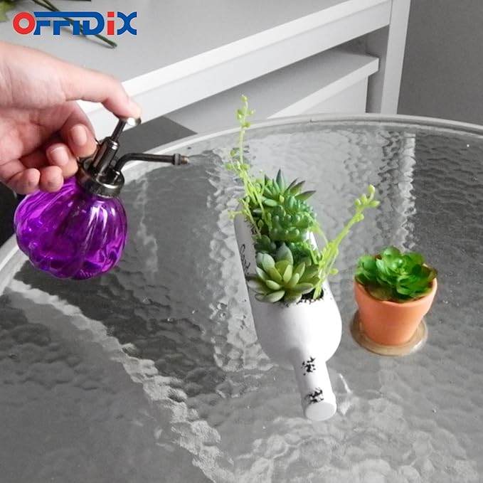 OFFIDIX Glass Watering Spray Bottle, 6.3" Tall Vintage Style Plant Mister with Bronze Plastic Top Pump One Hand Watering Can Glass Spary Bottle (Dark Purple)