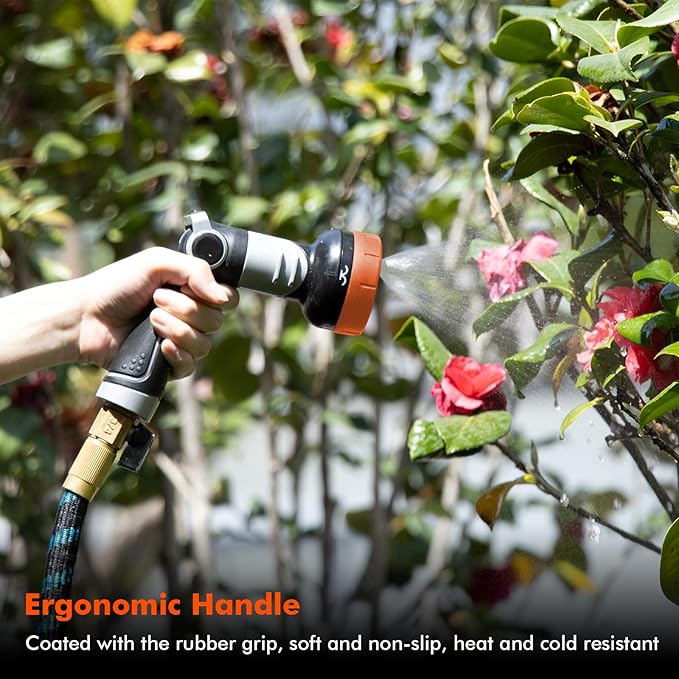 RESTMO 2-IN-1 Garden Hose Nozzle, Heavy Duty Metal Water Hose Nozzle with 4 Spray Patterns, Magic Twist and Thumb Flow Control, Ideal for Watering Plants & Lawns, Washing Cars & Pets, Orange