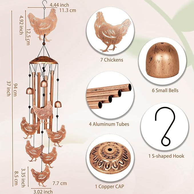Chicken Wind Chimes for Outside, Metal Windchimes Outdoors, Chicken Gifts for Women/Men, Memorial/Birthday Gifts, Garden Decor for Outside, Patio or Yard, Durable Chimes for Outdoors