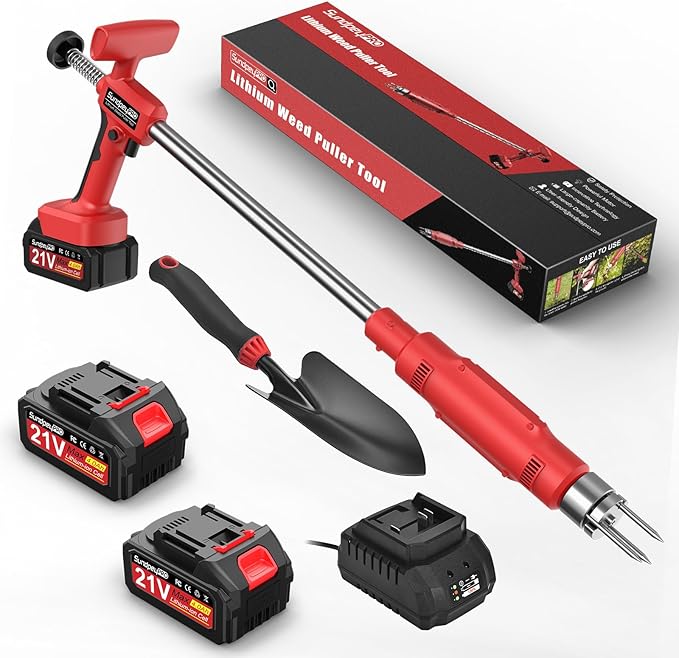 Electric Weed Puller Tool - 3 Claw Steel Head Stand Up Long Handle Weed Puller With 2 x 4.0Ah Battery & Charger & Small Shovel Versatile Garden Tools For Dandelion Lawn Flower Beds Yard