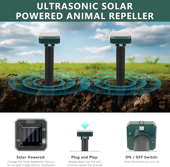 Mole Repellent Solar Powered, 8 Pack Waterproof Ultrasonic Deterrent Gopher Vole Repellent Outdoor, Repellent Rat, Squirrel, Skunk, Mole for Lawns Garden Yard