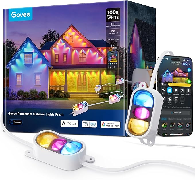 Govee Permanent Outdoor Lights Prism, 100ft with 36 Triple-Color Lighting Heads, 100+ Scene Modes, Up to 60lm for Outdoor Decor, IP68 Waterproof, Works with Alexa, Google Assistant & Matter, White