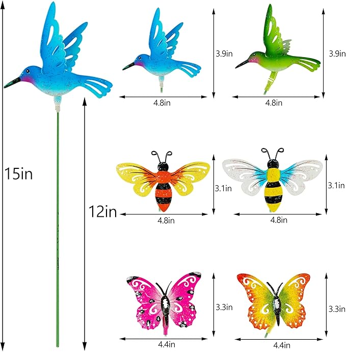Juegoal 6 Pack Metal Yard Stakes Spring Decor, Outdoor Metal Colorful Butterfly Hummingbird & Bee Shaking Head Yard Art, Rust Proof Metal Plant Sticks for Yard Lawn Pathway Patio Ornaments