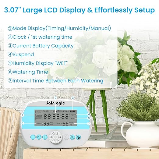 Sainlogic Automatic Plant Waterer for 15 Potted Plants, Smart Self Watering System with Humidity Monitor Display,Deep Root Irrigation, IP64 Programmable Timer for Vacation, Travel, Indoor Garden