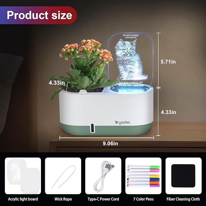 Self-Watering Plant Pot with LED Note Board & 7 Colors Pen Acrylic Message Board with Light Acrylic Dry Erase Board, Led Cat Board Night Light with Planting Pot for Room/Store/Office (No Plant&Seed)