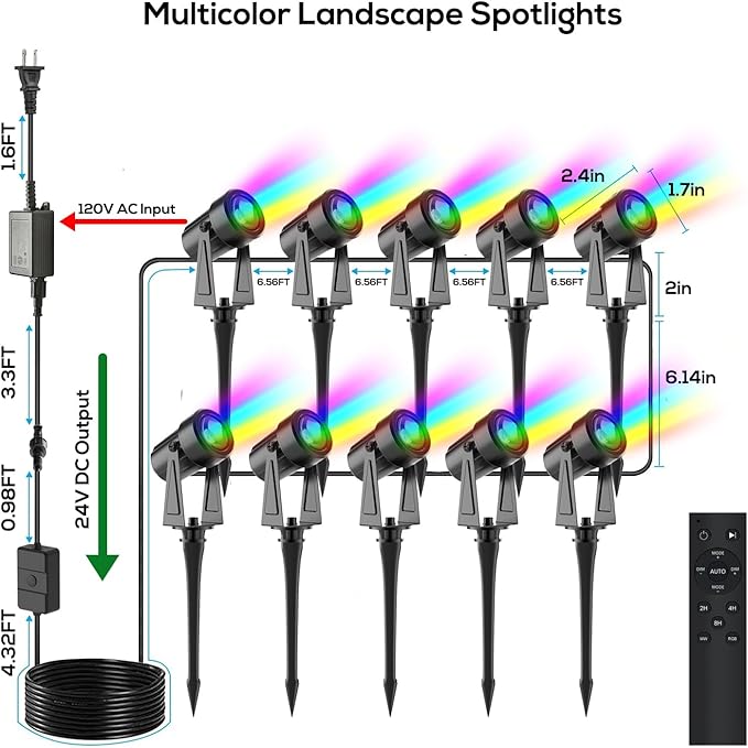 SUNTHIN Outdoor Landscape Lighting with Remote, RGBW Color Changing Spot Uplights,10 Pack