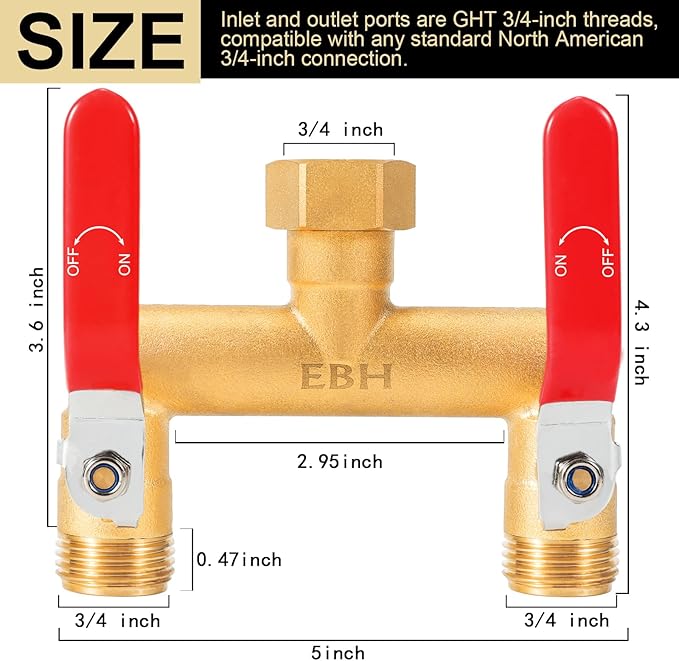 EBH Garden Hose Splitter, 2-Way High Flow Heavy Duty Brass Outdoor Hose Manifold with Extra Long Handles Full Flow Faucet Adapter- 3/4” GHT(Red)