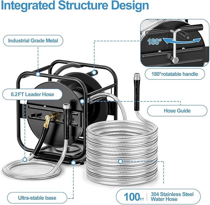 100ft Retractable Garden Hose Reel, Wall Mounted Metal Garden Hose Reel, Heavy Duty Stainless Steel Hose Reel with 9-Pattern Nozzle for Outside, Portable & 360° Rotation Frame