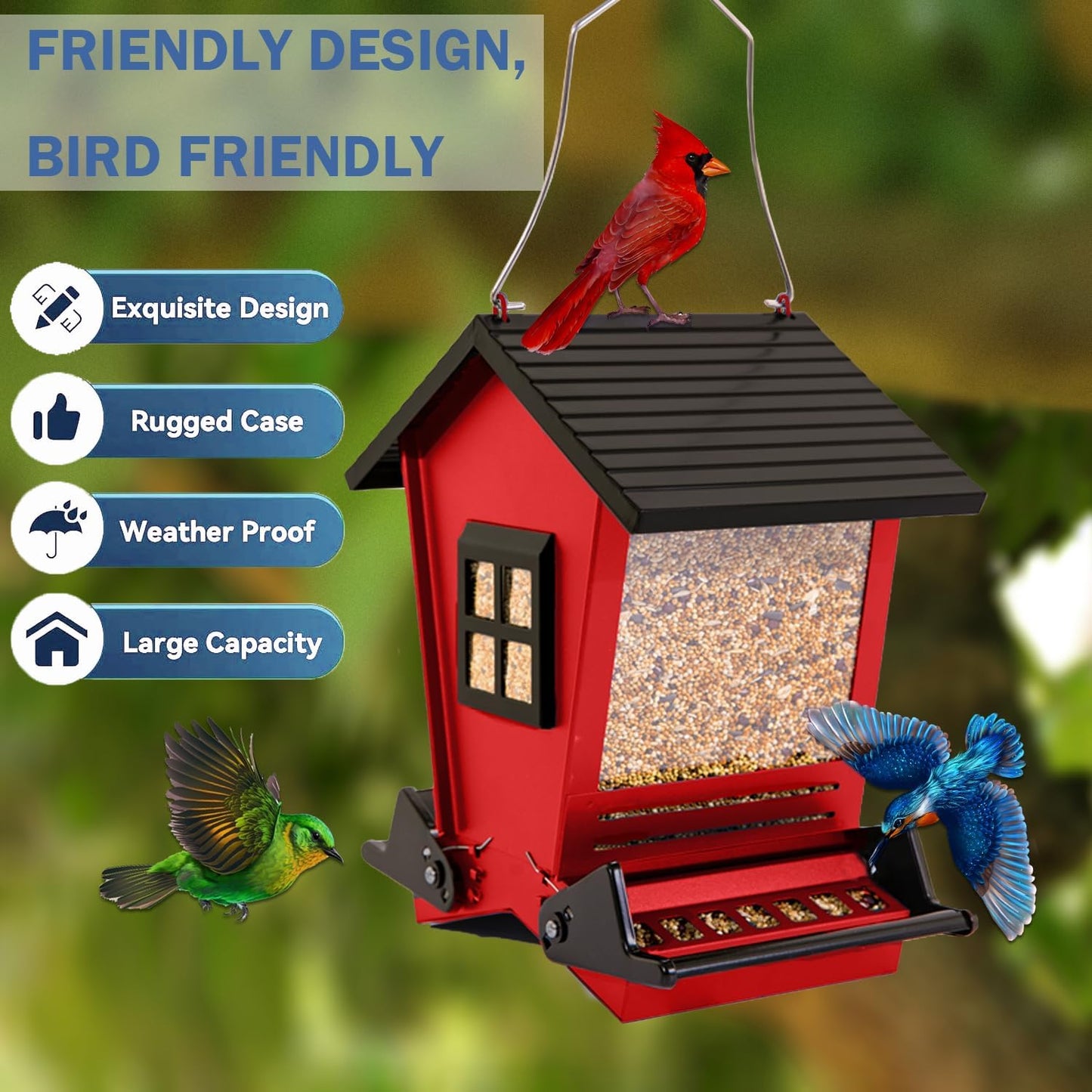 LSCQYYCC-Bird Feeder Squirrel Proof Metal Hanging for Outdoor Wild Bird Seed, with Bilateral Weight-Activated Perches, Large Feeder That Attracts Cardinals, Chickadees, and More Birds-One in red