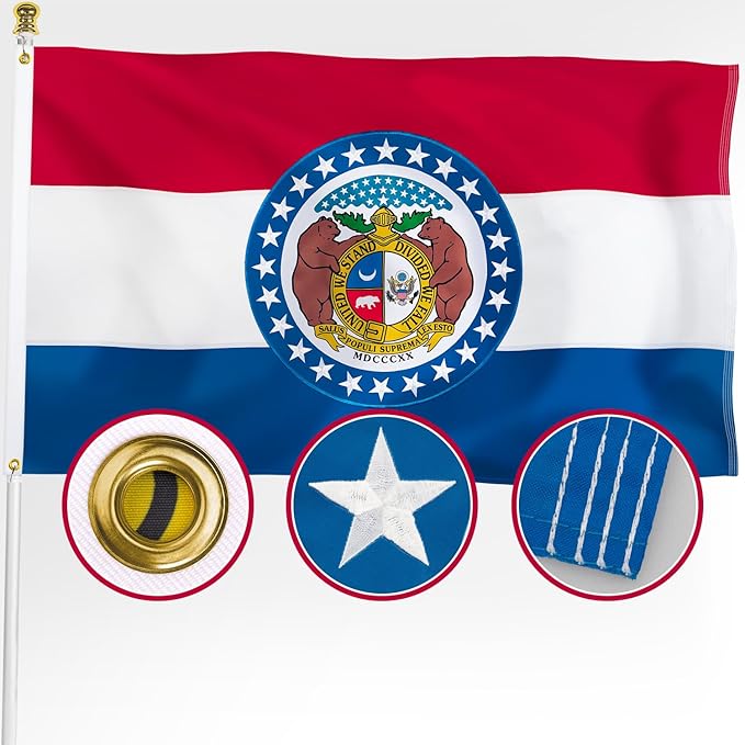 XIFAN Premium Missouri State Flag 3x5 ft Outdoor, Double Sided Embroidered Pattern, Heavy Duty 210D Nylon MO Flags, the Strongest Longest Lasting for Outside with Sewn Stripes/Brass Grommets