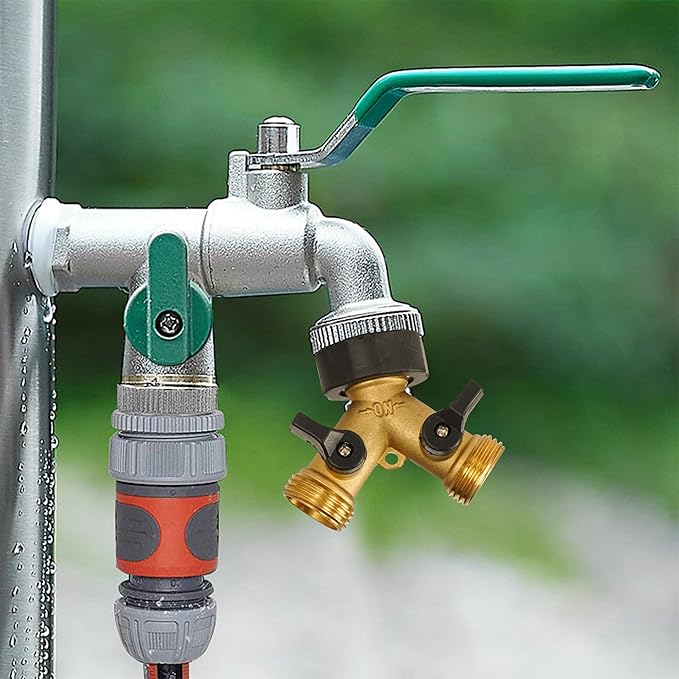 Uptotop Brass Garden Hose Splitter 2 way Heavy Duty, 2 Pack Brass Hose Y Splitter 2 Valves, Y Connector with 4 Extra Rubber Washers