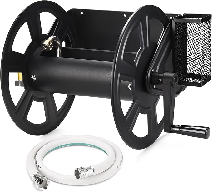 GADFISH Garden Wall Mounted Hose Reel, Metal Hose Reel, Holds 125ft of 5/8-Inch Hose(Not equipped), Equipped with 3.9ft Water Supply Hose and Small Storage Basket, Suitable for Gardens & Yards