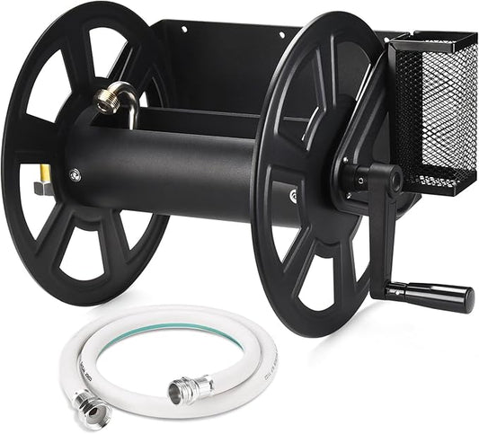 GADFISH Garden Wall Mounted Hose Reel, Metal Hose Reel, Holds 125ft of 5/8-Inch Hose(Not equipped), Equipped with 3.9ft Water Supply Hose and Small Storage Basket, Suitable for Gardens & Yards