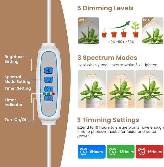 Kullinss Grow Light, 48 LEDs Full Spectrum Plant Lights for Indoor Growing with Base, Wood Grain Small Plant Growing Lamp with 6/12/16H Timer, 3 Color Modes, 5 Brightness, 6.5"-26" Height Adjustable