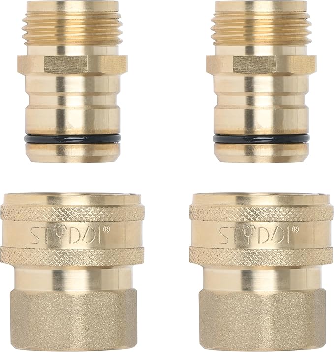 STYDDI 3/4-inch Full Flow Super Heavy Duty Hose Quick Connect Fittings, Lead-Free Brass Full Port Garden Hose Quick Connector Coupler, 3/4” GHT High-Volume Hose Quick Release Adapter Set, 2 Set