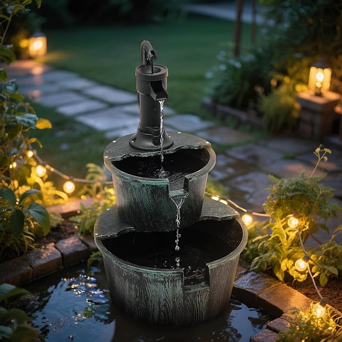 Magshion Barrel and Pump Water Fountain, Freestanding Cascading Waterfall Fountain with Electric Recirculating Pump, 2-Tier Water Feature Decor for Garden, Patio, Backyard, or Porch, Dark Green