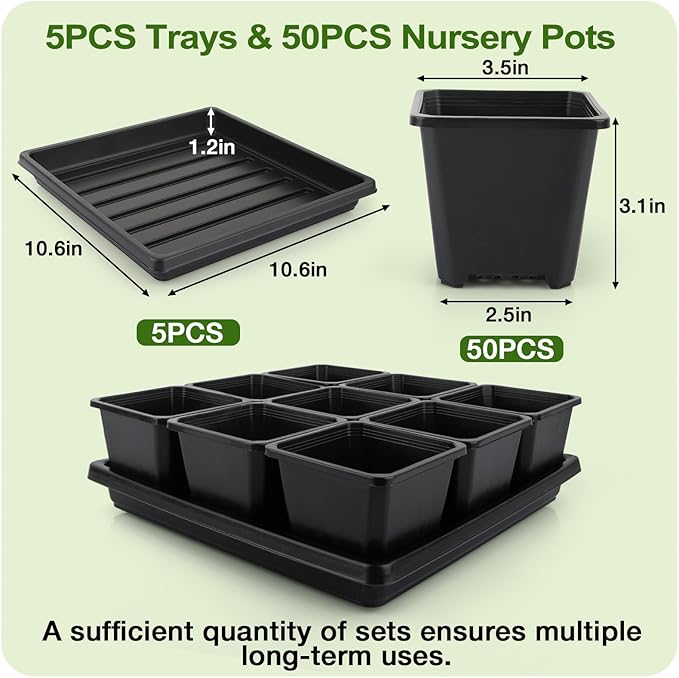 50Pcs 3.5inch Square Nursery Pots with 5Pcs Seed Starting Trays, Seed Starter Tray Kit, Seeds Starting Germination, Seeding Pots with Drain Holes, Small Plant Nursery Propagation