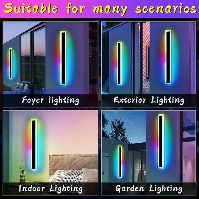 Widened 2 Pack Modern RGB Outdoor Wall Light, 47.2inch 10 Colors Dimmable LED Wall Mount Sconces, 41W, IP65 Waterproof, Long Linear Garage Lighting Fixtures for Garden, Yard, House