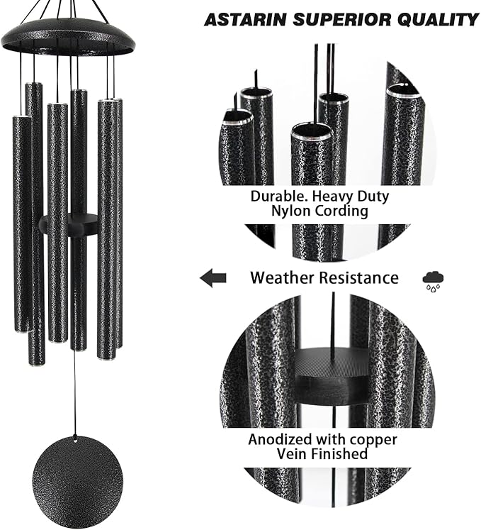 Sympathy Memorial Wind Chimes, 36' with 6 Metal Tubes, Outdoor Deep Tone for Garden, Christmas Hanging Decor - Black Grey
